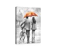 Romantic Couple Wall Art Lovers Walk on Street with Umbrella and Bicycle Oil Painting Black White Canvas Print Picture Love Theme Home Decor for Living Room Bedroom, Framed (Orange, 16"x24")