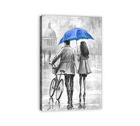 Romantic Couple Wall Art Lovers Walk on Street with Umbrella and Bicycle Oil Painting Black White Canvas Print Picture Love Theme Home Decor for Living Room Bedroom, Framed (Blue, 12"x18")