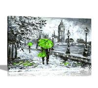 Romantic Couple with Green Umbrella in London Canvas Prints Wall Art Pictures Framed Office Hanging Artwork Living Room Art Deco Posters 40 x 30cm (16 x 12 inches) A3