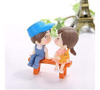 Romantic Couples Figurines Bench Kiss Lovers Doll Lovely Green Plant Decorations (blue)