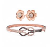 Romantic Cubic Zirconia CZ Tri-Tone Love Knot Infinity Bangle Bracelet & Removable Petal Stud Earrings Jewelry Set for Women Teens Rose Gold Plated
