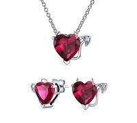 Romantic Cubic Zirconia Red AAA CZ Devil Heart Necklace Stud Earring Pendant Jewelry Set For Women Teen .925 Sterling Silver