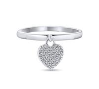 Romantic Dangle Charm CZ Pave Heart Ring For Women Girlfriend .925 Sterling Silver Polished 1MM Band