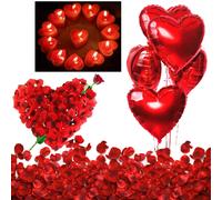 Romantic Decorations, Candles and Petals Set, 50 Love Heart Shaped Floating Tea lights Candles + 1000 Silk Red Rose Petals + 5 Red Heart Shaped Foil