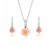 Romantic Delicate Floral Blooming 3D Pink Rose Flower Green CZ Accent Pendant Necklace & Lever back Dangle Earrings Jewelry Set For Women .925 Sterling Silver