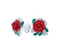 Romantic Delicate Floral Blooming Flower CZ Green CZ Leaf 3D carved Red Rose Stud Earrings For Women Teen .925 Sterling Silver