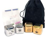 Romantic Dice Set of 4, 1-Inch, Stainless Steel with Date Night Engravings, Complete with Storage Box & Velvet Pouch