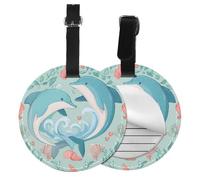 Romantic Dolphin Round Luggage Tag 4PCS Sea Coral PU Leather Travel Bag Tag ID Labels Name Card Holder wtih Buckle for Luggage Suitcase Backpacks