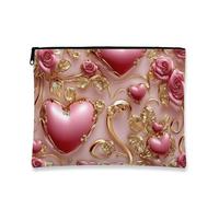 Romantic Elegant Makeup Bag, Peach Hearts and Roses Vintage Cosmetic Travel Pouch for Women, Portable Small Canvas Zipper Organizer, Valentine’S Day Skincare Toiletry Bag, Peach, 7x9 Inch, Hearts