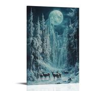 Romantic-Era Landscape with A Herd of Deer Grazing in A Snow-Covered Forest, Frost Crystals Glittering in The Moonlight. Contemporary Wall Mural Art Decorative Hanging Poster24x36inch(60x90cm)