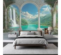 Romantic Fake Window Landscape Mural Wallpaper, Non-Woven Wall Mural Decoration 150 x 105 cm, Mediterranean Manor Paper Poster for Bedroom Playroom Teen Hallway Home Decoration Wallpaper