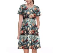 Romantic Fancy Birds Butterfly Print Stylish Women Dresses Everyday Wear Casual Short Sleeve Summer Dress Crewneck Black
