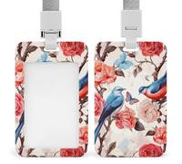 Romantic Fancy Floral Birds Butterfly Badge Holder with Lanyard - Waterproof Hard Plastic ID Card Holder Professional Name Tag Vertical ID Card Name Badge for Office Nurse Doctor Teacher