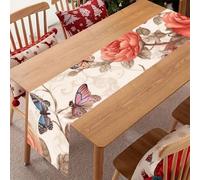 Romantic Fancy Floral Birds Butterfly Linen Table Runner-70.87*12.99 Inch,This Decorative Table Runner is Wrinkle Resistant Table Mat. Embroidered Table Runners As Kitchen Dining and Coffee Tables.
