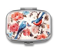 Romantic Fancy Floral Birds Butterfly Pill Box 2 Compartment - Small Metal Medicine Organizer Portable Pill Case for Purse Pocket Travel Vitamin Organizer for Men Women, BPA-Free