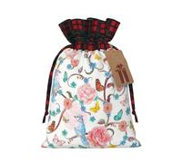 Romantic Fancy Floral Birds Butterfly Print Christmas Candy Bags,Holiday Party Color-Blocked Drawstring Bags,Drawstring Snack Bags