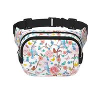 Romantic Fancy Floral Birds Butterfly Print Fashion Waist Packs Square Layer Waist Bag Black Belt Bag with Adjustable Strap, Black, One Size