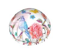 Romantic Fancy Floral Birds Butterfly Print Premium Double Layer Shower Cap For Women With Reusable Shower Cap For Hair - Waterproof Plastic Cap - Shower Caps For Long, Short And Curly Hairs