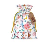 Romantic Fancy Floral Birds Butterfly Print Small Drawstring Pouch For Gifts,Reusable Gift Bag,For Holiday And Party Presents