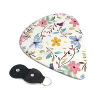 Romantic Fancy Floral Birds Butterfly Printed Guitar Picks, 6 Pack with Leather Keychain Pick Holder - 0.46mm, 0.71mm, 0.96mm Assorted Thickness for Acoustic Ukulele, Electric Guitar