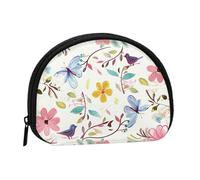 Romantic Fancy Floral Birds Butterfly Printed Mini Coin Pouch, Shell Shape Zip Around Wallet, Small Zipper Pouch for Cash, Cards, Keys, Lipstick, Storage Pouch, Travel Organizer