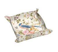 romantic fancy floral birds butterfly Printing Leather Storage Tray Waterproof and easy to clean for neatly keys, jewelry, makeup and other small items M 9.8X9.8 in