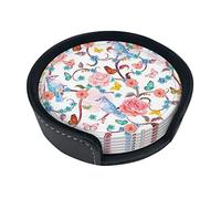 Romantic Fancy Floral Birds Butterfly Round Leather Coasters (6-Pack), Antifouling And Durable, Suitable For Home And Office