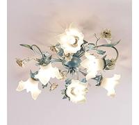 Romantic Farmhouse Semi - Flush Mount Ceiling Lamp: Blue Metal Chandelier with Flower Glass Pendant Lighting Shade for Living Room and Bedroom