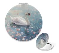 Romantic Floating Petals and White Swan Makeup Mirror, 1x/2x Round Compact Magnifying Mirror, Mini Essentials for Handbag Pu Leather Portable Handheld Mirrors, Travel Mirrors, Travel Gifts for Women
