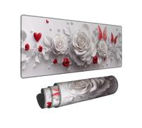 Romantic Floral Large Gaming Mouse Pad, Elegant Red White Roses Design, Stitched Edge Mousepad, Rubber Non-Slip Washable Mouse Pad for Home Office Computer, Laptop 16x36 Inch