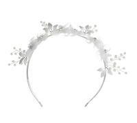 Romantic Floral Wedding Headband, White Tulle Flower Crown With Silver Leaves & Pearl Accents, Elegant Bridal Hair Accessory For Parties