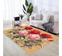 Romantic Flowers Area Rug 160 x 200 cm, Red Pink Rose green leaf Flower stem Low Pile Rugs, Foldable Non Slip Washable Retro style Floor mat for Girls Bedroom Living Room Office indoor Carpet