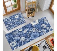 Romantic Flowers Kitchen Rug Sets, 2 Pieces Non Slip Kitchen Mat Sets,Washable Country Retro Style Floor Mat for Hallway, Bedroom, Sink (Dark Blue, 50x80cm+50x150cm)