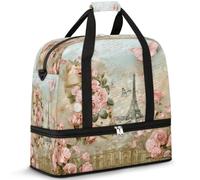 Romantic France Postcard Travel Duffle Bag for Women Men Weekend Overnight Bags Foldable Wet Seperated 47 L Tote Bag for Sports Gym Yoga