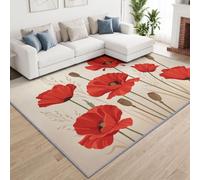 Romantic French Florals Nature Machine Non-Slip Washable Rugs Living Room | Red Poppy Low-Pile Carpet 200 x 300 cm for Bedroom Dining Office Playroom Kids Room Decor Non Slip