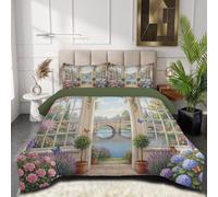 Romantic Garden Coverless Duvet Single, Coverless Quilt Comforter with Matching Pillowcase and Reversible Design Super Soft Warm Comfy Beautiful Scenery Vine-Covered Flower House Blanket, 140x200cm