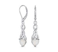 Romantic Gemstone White Heart Shaped Opal Love Knot Dangle Irish Celtic Earrings For Women Teens Lever back .925 Sterling Silver 1.5 Inch Long