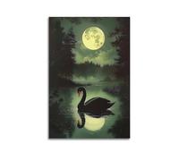 Romantic Gothic Bird Wall Art, Vintage Textured Relief Black Swan Moonlit Lake Hanging Paintings Poster, Elegant Aesthetic Artwork for Bedroom Modern Home Inter 24x36inch(60x90cm)