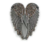 Romantic Grey Crystal Angel Wings Brooch in Black Tone - 40mm Tall