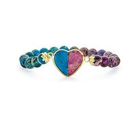 Romantic Handmade Large Center Heart Charm Natural Semi Precious Marble Purple Plum Blue Turquoise Jasper Stone With Round 8MM Ball Bead Gemstone Stacking Stretch Bracelet For Women Teen