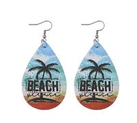 Romantic Hawaiian Summer Leather Beach Sunset Earrings Lightweight Tropical Coconut Palm Tree Teardrop Dangle Drop Earrings for Luau Beach Hula Party Holiday Jewelry Gifts for Women Girls, Metal