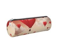 Romantic Heart Balloon Printed Cylindrical Leather Pencil Case for Girls Boys, Silver Zipper Pencil Bag Pen Pouch Organizer for Student School Office College