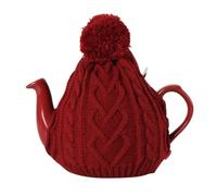 Romantic Heart-Knit Tea Cosy, Large 4-Cup 1000-1200ml Teapot Cover, British-Inspired Acrylic Warmer with Pom-Pom, Rear Lid Cut-Out & Double Fasten Buttons, Decorative Kitchen Accessory，red