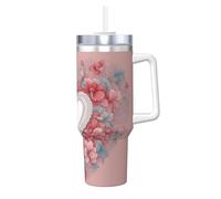 Romantic Heart Print 40oz with Straw and Lid, Stainless Steel Double Wall Vacuum Insulated Coffee Mug for Hot and Cold Coffee, Travel Mug with Handle