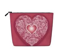 Romantic Heart Print Fake Hemp Makeup Bag – Travel Toiletry Pouch for Women, Daily Storage, Business Trips, and More