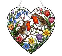 Romantic Heart Robin Suncatcher, Acrylic Stained Glass Style Robin Ornament Gift, Charming Flower Animal Sun Catcher for Windows, Window Hanging Decor for Home Office Shelf Wall Garden Balcony Ceiling