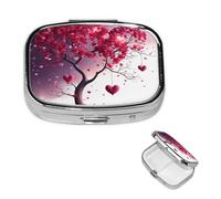 Romantic Hearts Leaves Tree Pill Case with Mirror Retro 2 Compartment Pill Box Small Pill Organizer for Purse or Pocket Decorative Metal Medicine Vitamin Organizer Unique Gifts