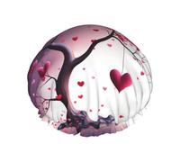 Romantic Hearts Leaves Tree Shower Cap Reusable Double Layered Bath Cap Waterproof Hair Cap with Elastic Band Bathing Hat Spa Salon Shower Hat for Women Men