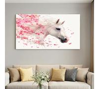 Romantic Horse Blossom Canvas 120x60cm White Animal Wall Decor | Elegant Stallion Sakura Artwork Unframed Canvas for Master Bedroom Living Room Hallway Decor, Serene Countryside Scene
