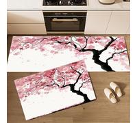Romantic Japanese Style Kitchen Rug Sets 2 Piece, Anti Fatigue Comfort Standing Cherry Blossom Tree Petals Kitchen Mats Set, Easy Care Pink Floor Mat, for Laundry Room Hallway 50x80cm+50x150cm